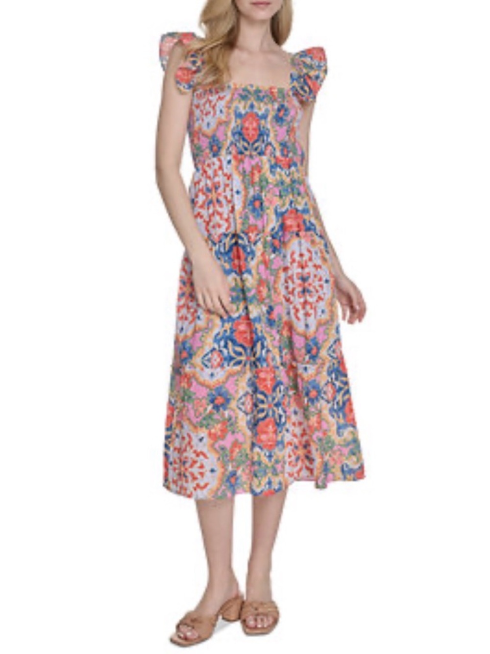 Vince Camuto Multi Floral Printed Square-Neck Ruffle-Strap Smocked Dress XL NEW